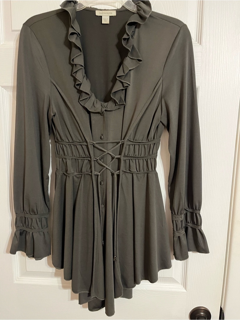 Boston Proper Olive Green Ruffle-Trim Long Sleeve Dress